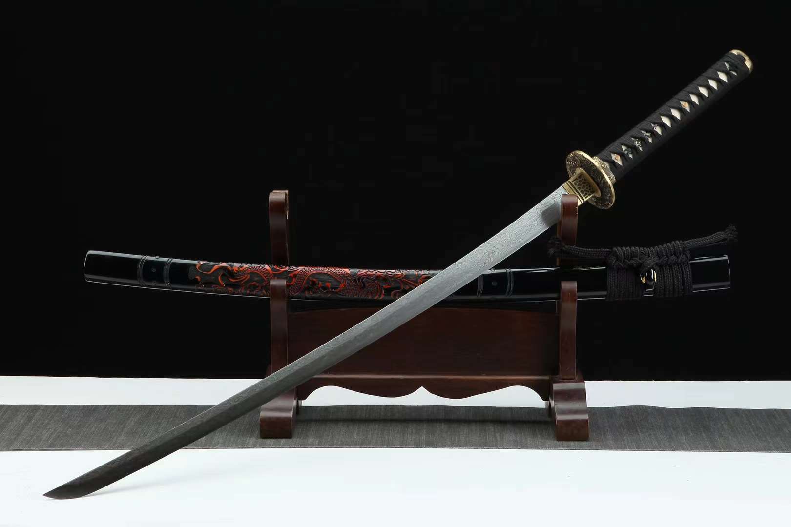 K33 DRAGON FLAME Handmade Damascus Steel Copper Fitting High-end Katana Battle Ready